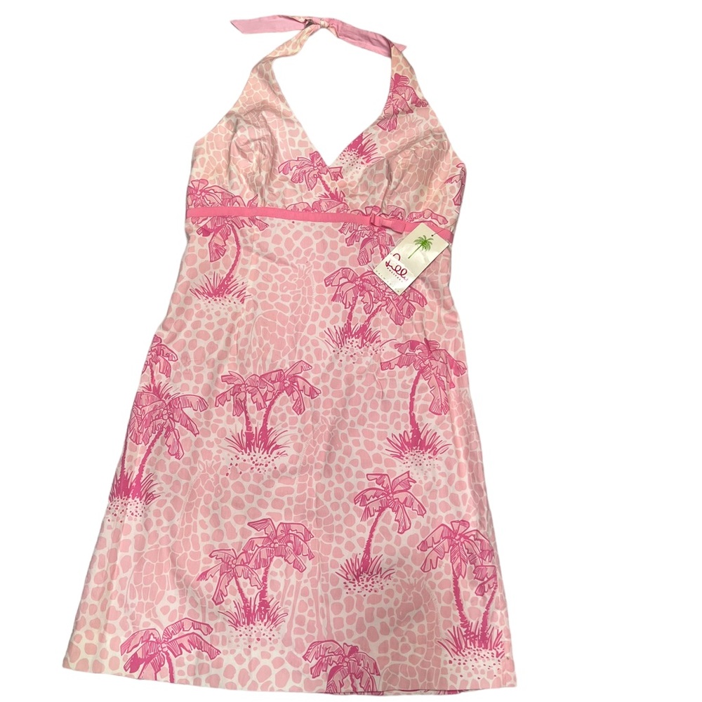 Lilly Pulitzer VTG Pink Giraffe and Coconut Pattern Halter Dress Size 12 NWT